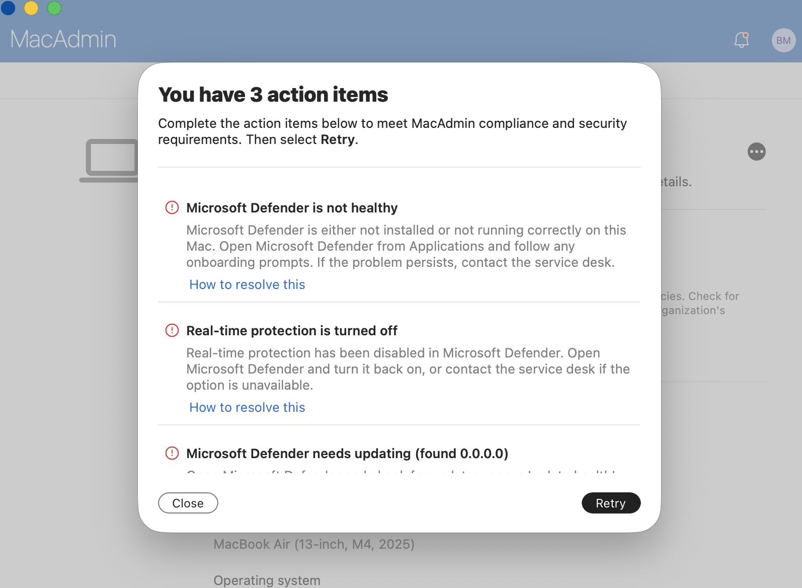 Company Portal action items dialog listing three Defender failures with the custom remediation titles and descriptions